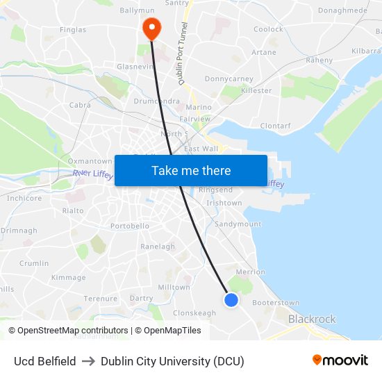 Ucd Belfield to Dublin City University (DCU) map