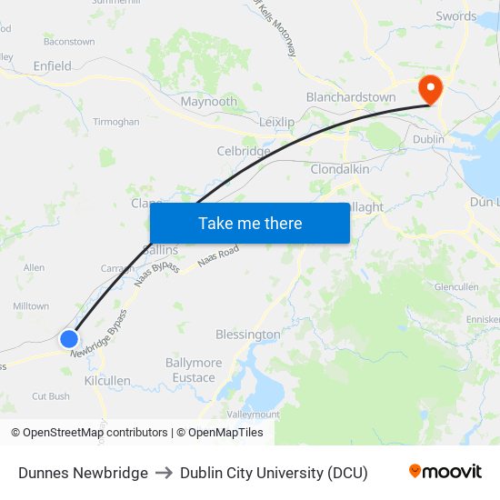 Dunnes Newbridge to Dublin City University (DCU) map