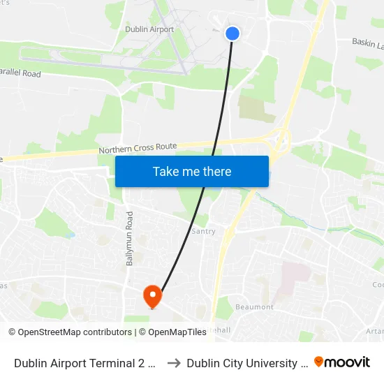 Dublin Airport Terminal 2 Zone 19 to Dublin City University (DCU) map