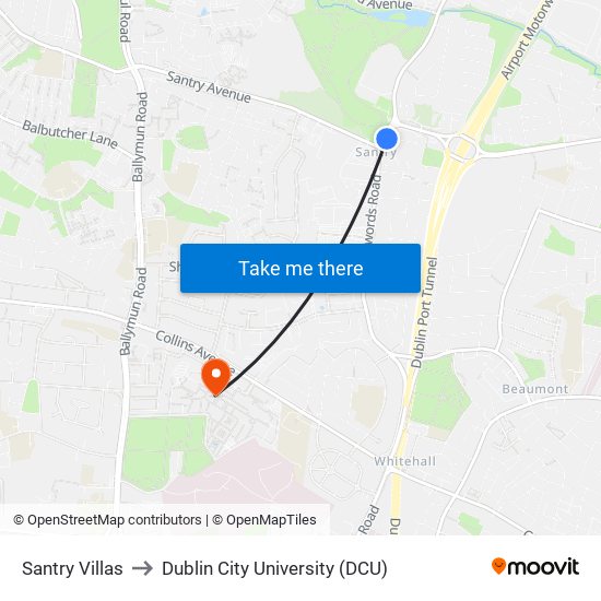 Santry Villas to Dublin City University (DCU) map