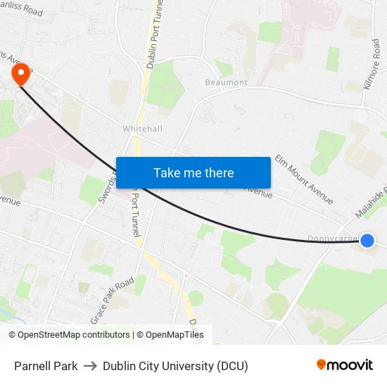 Parnell Park to Dublin City University (DCU) map
