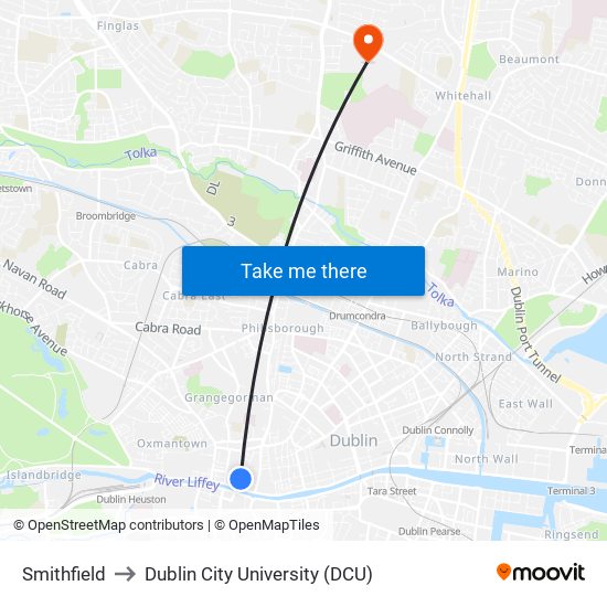 Smithfield to Dublin City University (DCU) map