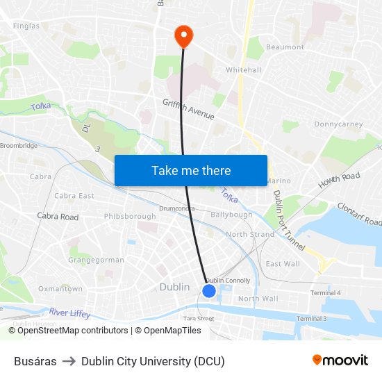 Busáras to Dublin City University (DCU) map