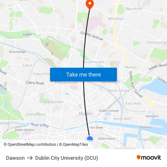 Dawson to Dublin City University (DCU) map