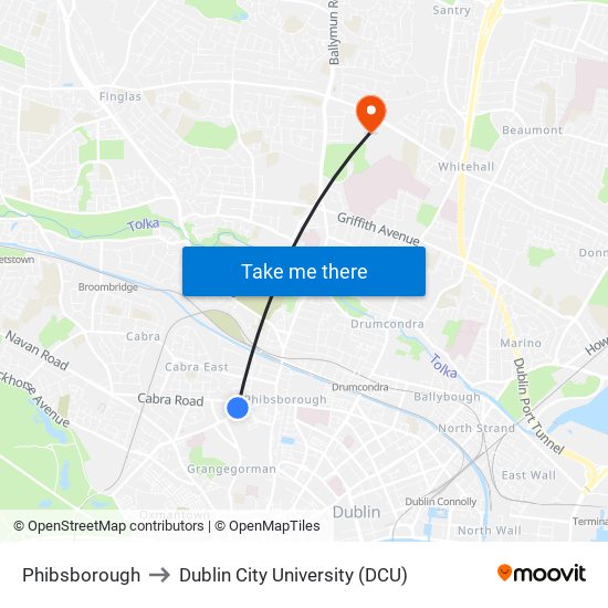 Phibsborough to Dublin City University (DCU) map