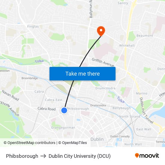 Phibsborough to Dublin City University (DCU) map