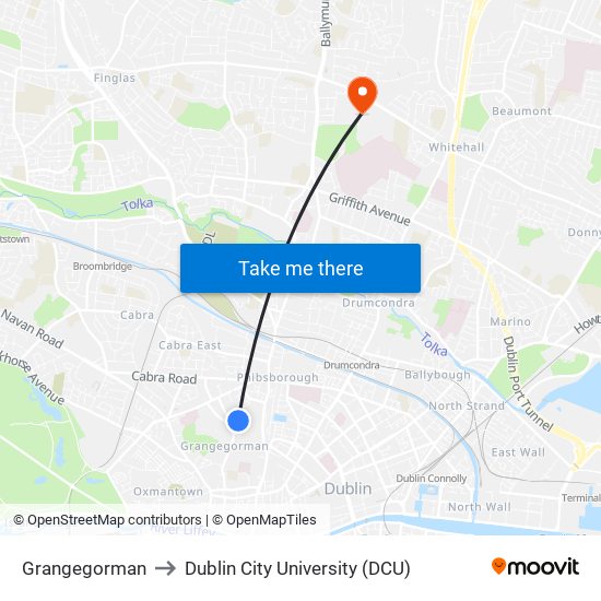 Grangegorman to Dublin City University (DCU) map