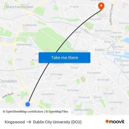 Kingswood to Dublin City University (DCU) map