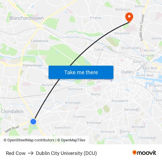 Red Cow to Dublin City University (DCU) map