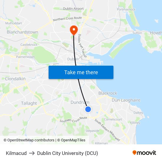 Kilmacud to Dublin City University (DCU) map