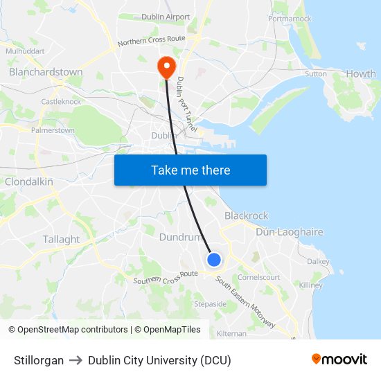 Stillorgan to Dublin City University (DCU) map