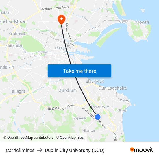 Carrickmines to Dublin City University (DCU) map