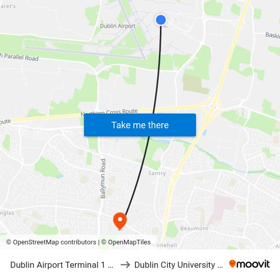 Dublin Airport Terminal 1 Zone 1 to Dublin City University (DCU) map