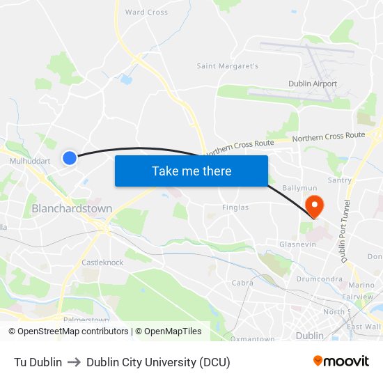 Tu Dublin to Dublin City University (DCU) map