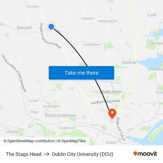The Stags Head to Dublin City University (DCU) map