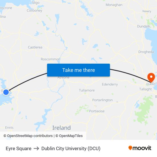 Eyre Square to Dublin City University (DCU) map