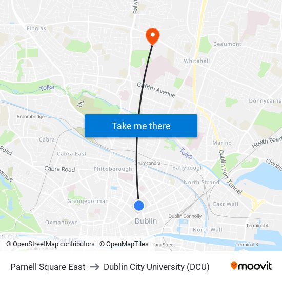 Parnell Square East to Dublin City University (DCU) map