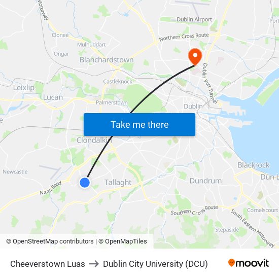 Cheeverstown Luas to Dublin City University (DCU) map