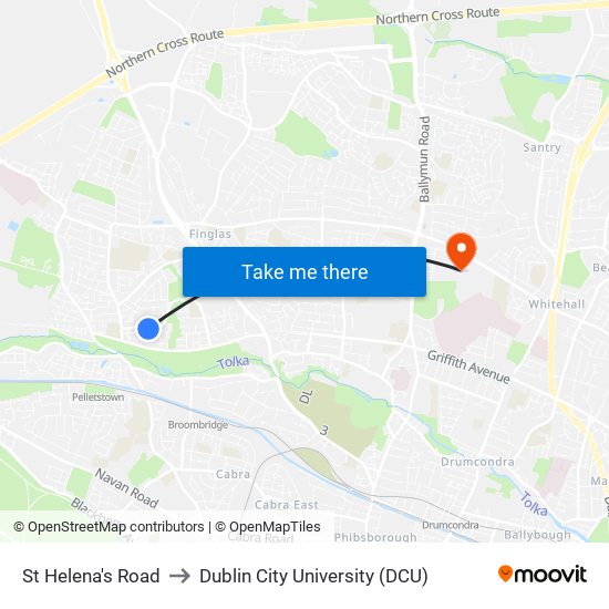 St Helena's Road to Dublin City University (DCU) map
