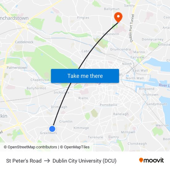 St Peter's Road to Dublin City University (DCU) map