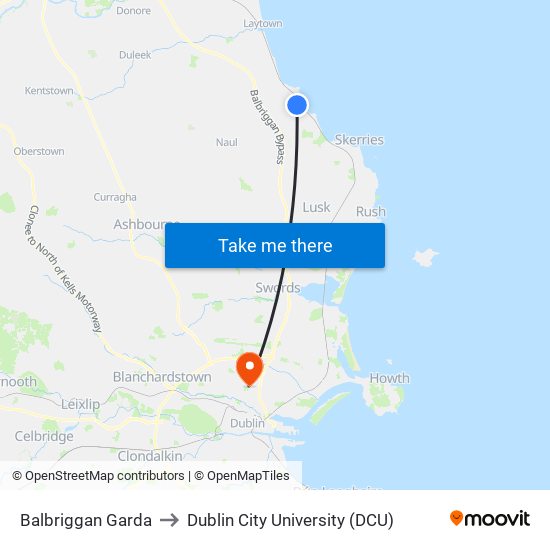 Balbriggan Garda to Dublin City University (DCU) map