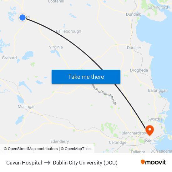 Cavan Hospital to Dublin City University (DCU) map