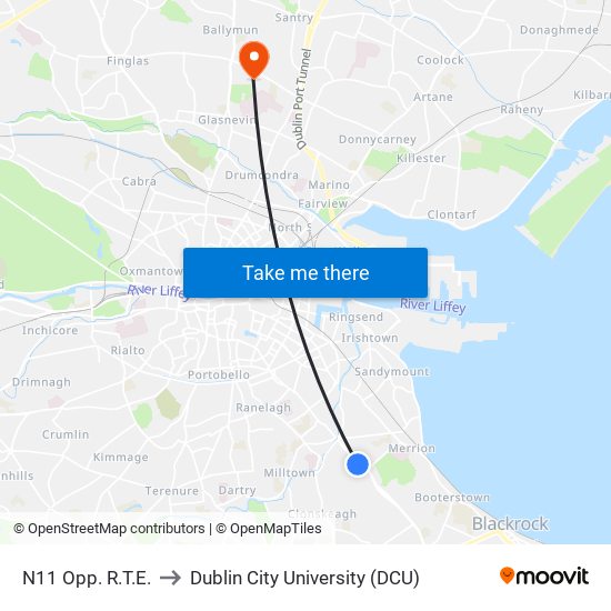 N11 Opp. R.T.E. to Dublin City University (DCU) map