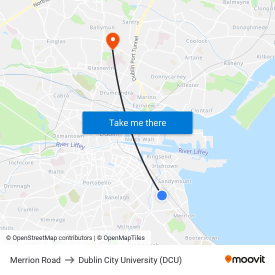 Merrion Road to Dublin City University (DCU) map