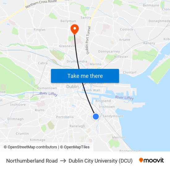 Northumberland Road to Dublin City University (DCU) map
