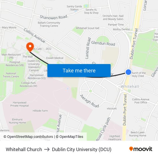 Whitehall Church to Dublin City University (DCU) map