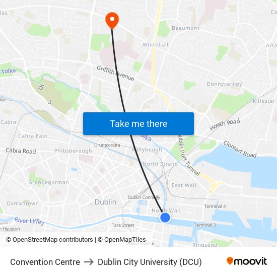 Convention Centre to Dublin City University (DCU) map
