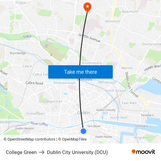 College Green to Dublin City University (DCU) map