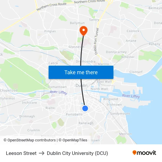 Leeson Street to Dublin City University (DCU) map