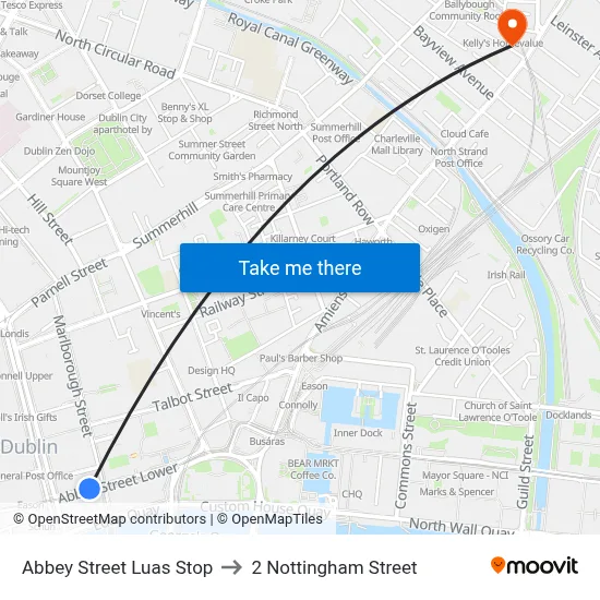 Abbey Street Luas Stop to 2 Nottingham Street map