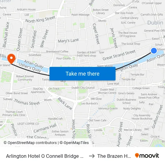 Arlington Hotel O Connell Bridge Dublin to The Brazen Head map