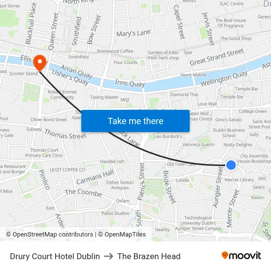 Drury Court Hotel Dublin to The Brazen Head map