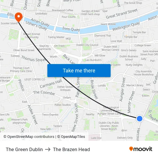 The Green Dublin to The Brazen Head map