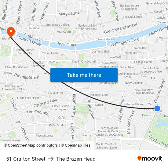 51 Grafton Street to The Brazen Head map
