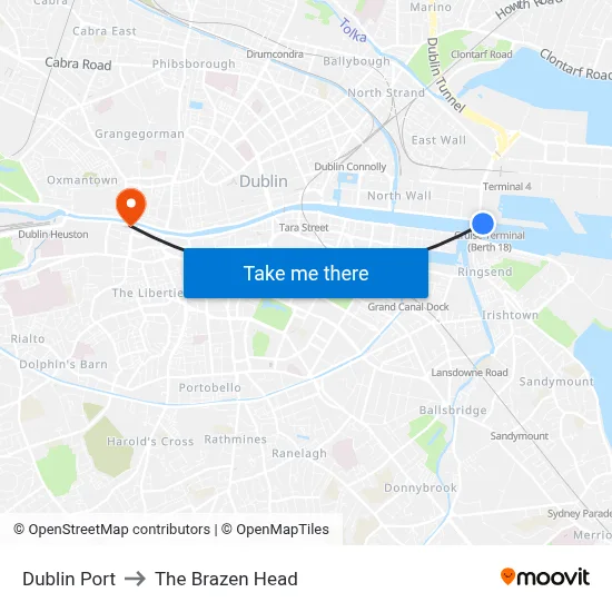 Dublin Port to The Brazen Head map