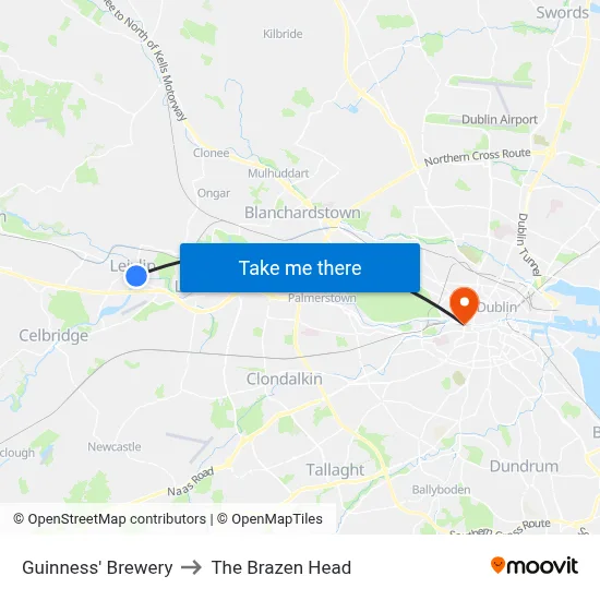 Guinness' Brewery to The Brazen Head map