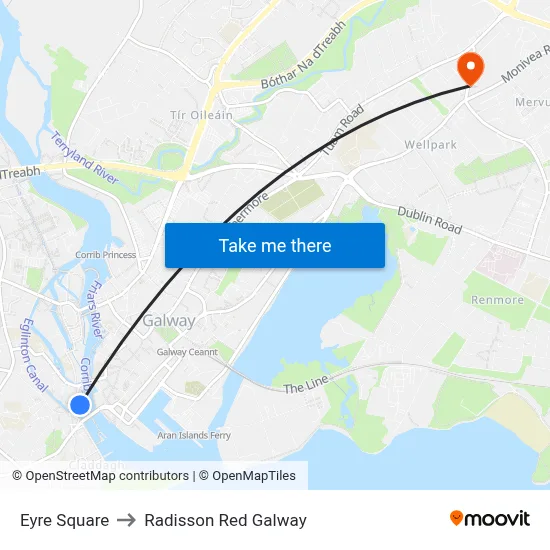 Eyre Square to Radisson Red Galway map