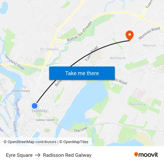 Eyre Square to Radisson Red Galway map