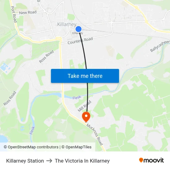 Killarney Station to The Victoria In Killarney map