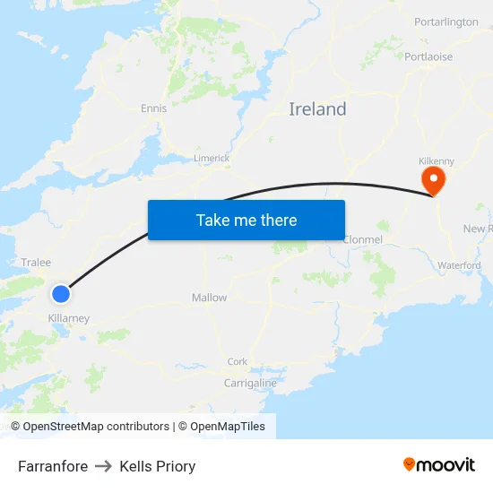 Farranfore to Kells Priory map