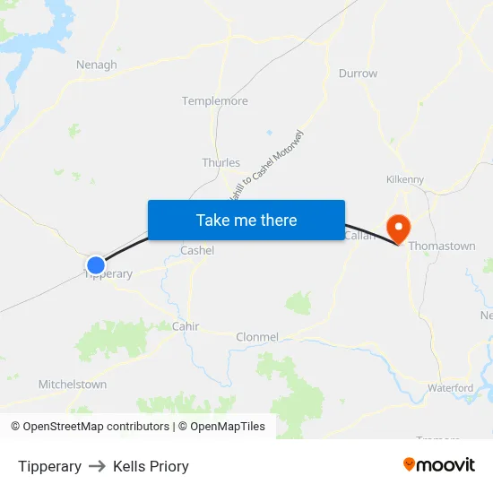 Tipperary to Kells Priory map