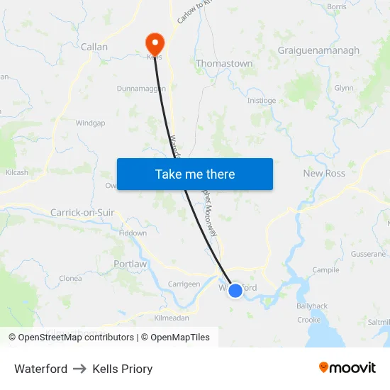 Waterford to Kells Priory map