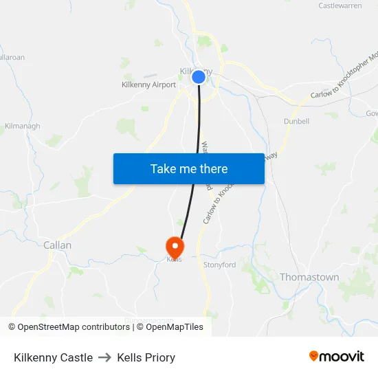 Kilkenny Castle to Kells Priory map