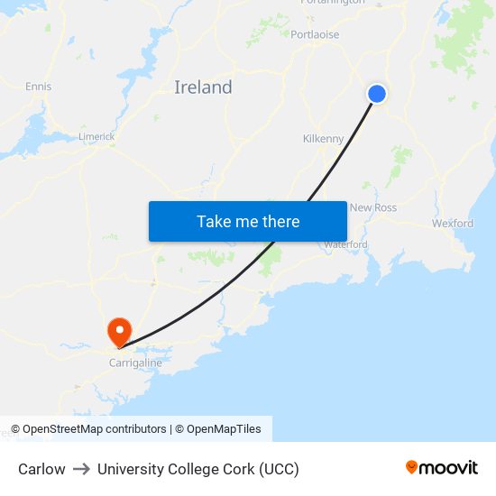Carlow to University College Cork (UCC) map