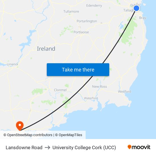 Lansdowne Road to University College Cork (UCC) map