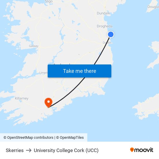 Skerries to University College Cork (UCC) map